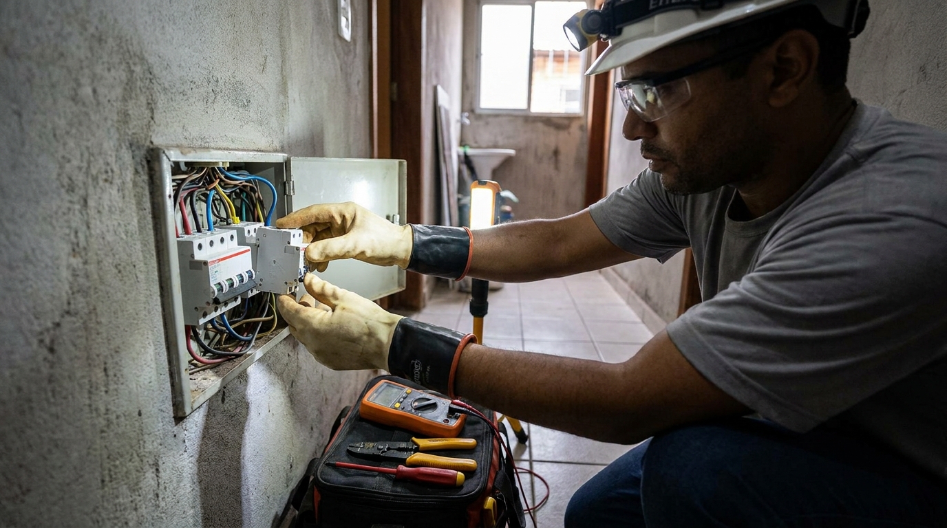 Eletricista comercial instalando disjuntor em São José dos Campos‑SP